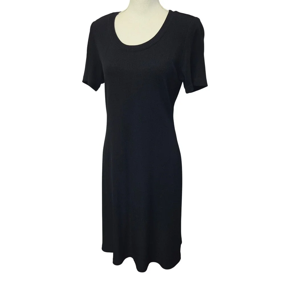 Dressbarn Womens Vintage Black Ribbed Knit Short Sleeve Sheath Dress Size 14‎